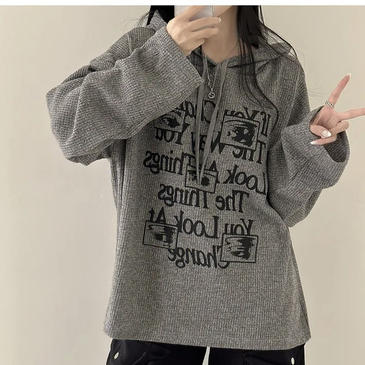 VAKKV Manufacturer waffle hooded autumn thin sweater large size fat mm loose Korean version ins velvet lazy wind outside