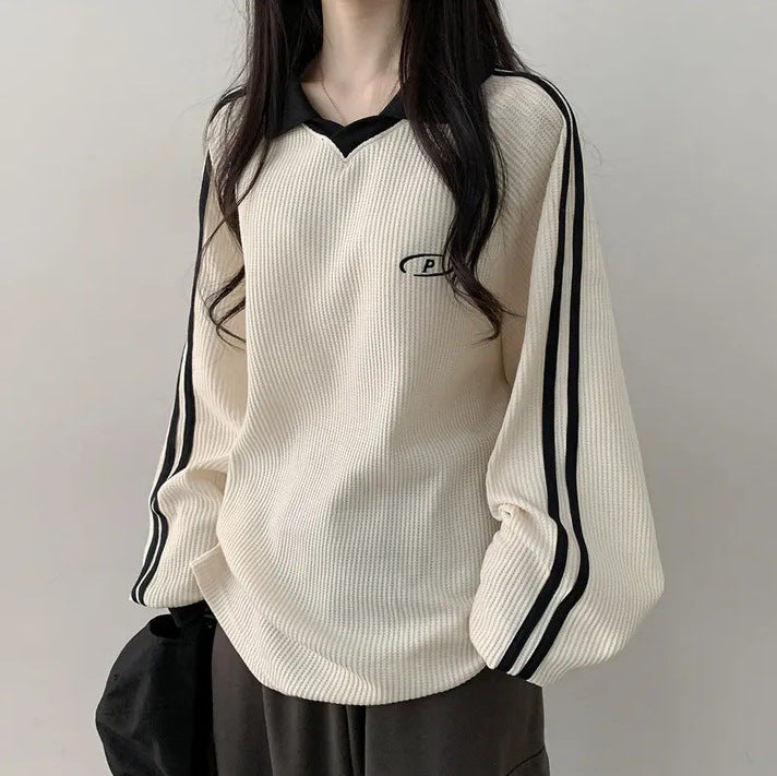 VAKKV Manufacturer 3 colors, waffle Korean version polo collar retro thin velvet sweater women's new spring, autumn and winter popular