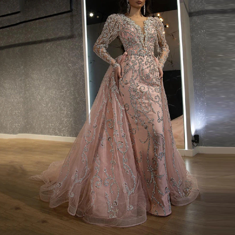 2025 new 2025 New women's clothing , dress sexy V-neck long-sleeved gold trailing evening dress