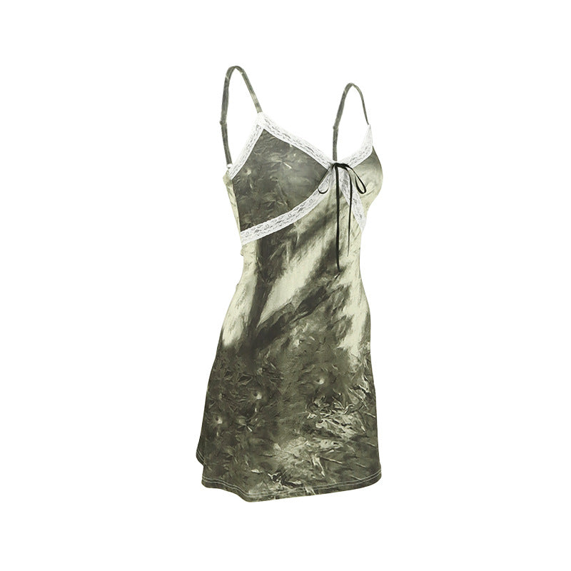 VAKKV 2025 AC136 New style, tie-dye lace, bow waist suspender V-neck Spice Girl Dress Dress Women