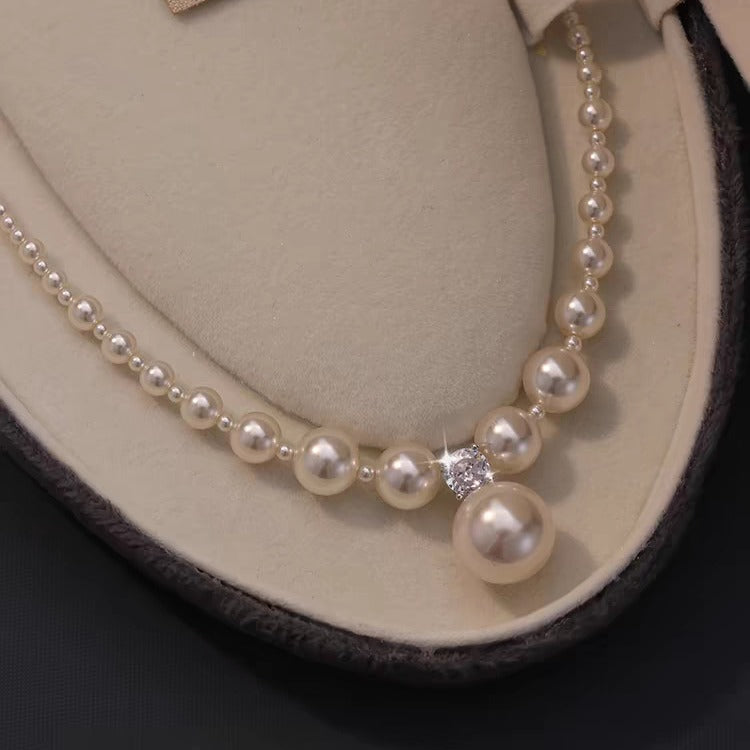 Shijia Baby Pearl Gradient Clavicle Chain Small Pieces of Silver Necklace Female Special-Interest Design Light Luxury Necklace Fashion Sweater Chain