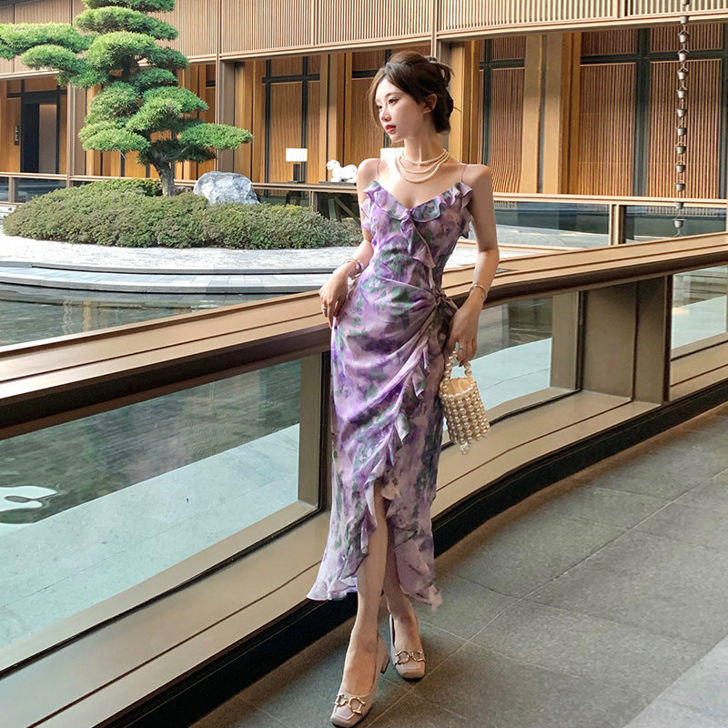 2025 Hong Kong style printed fungus edge suspender skirt women's summer new pure desire temperament waist thin holiday fishtail dress