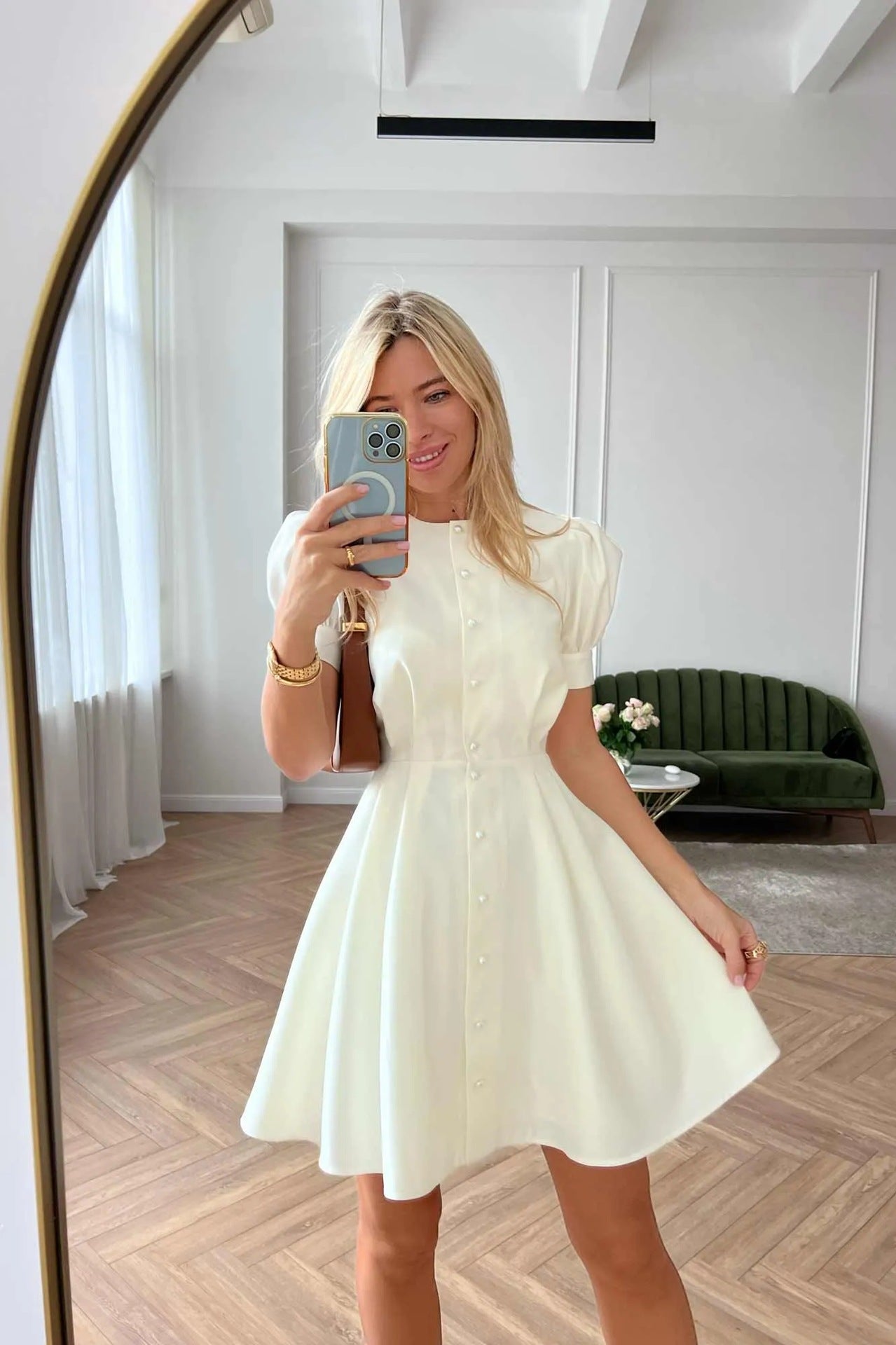 INS European and American cross-border round neck puff sleeves short sleeves pleated waist pearl buckle A-line midi dress dress women