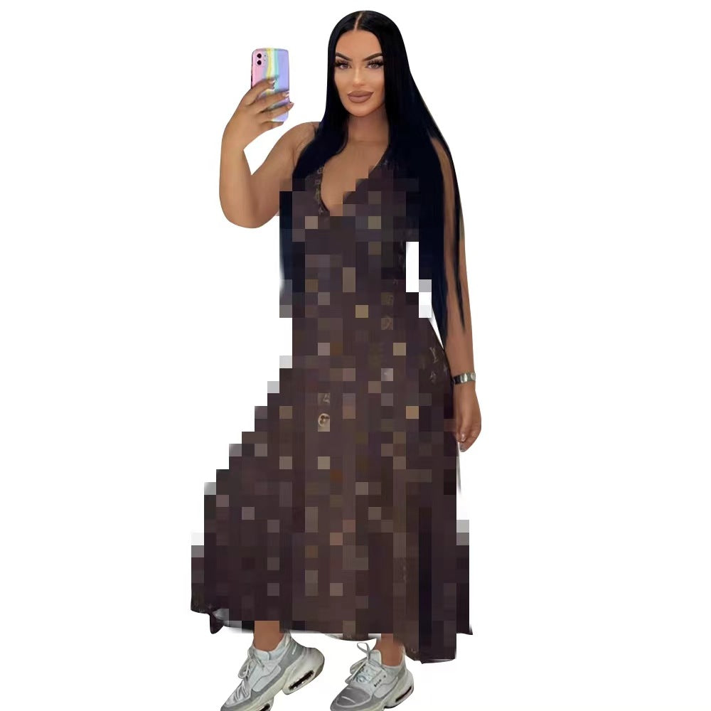 Dd0032 European and American Women's Clothing New Fashion Casual Sexy Sleeveless Printed V-neck Shoulder Strap Loose Dress