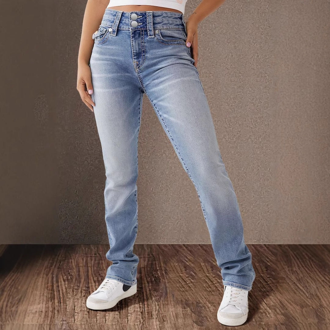VAKKV 2025 trade cross-border 2025 spring new double-button mid-waist straight jeans women's slim temperament trousers