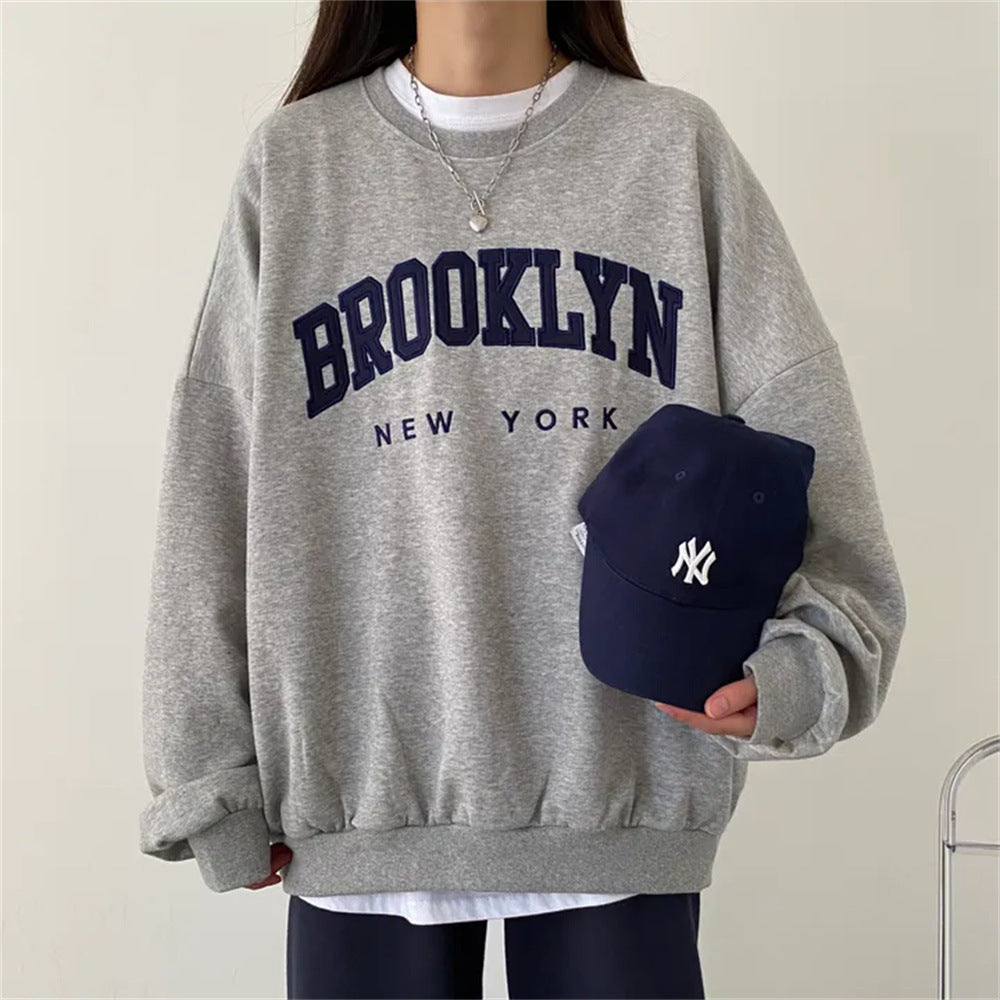VAKKV Manufacturer gray popular new velvet season crew neck sweater women's spring and autumn thin long sleeves loose large size loose embroidery