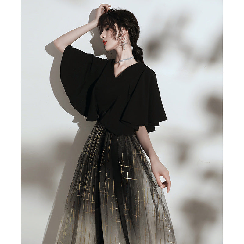 VAKKV Annual Party Evening Dress Women's New Banquet Daily Style Hepburn Wind Black Vocal Music Art Test Host Dress