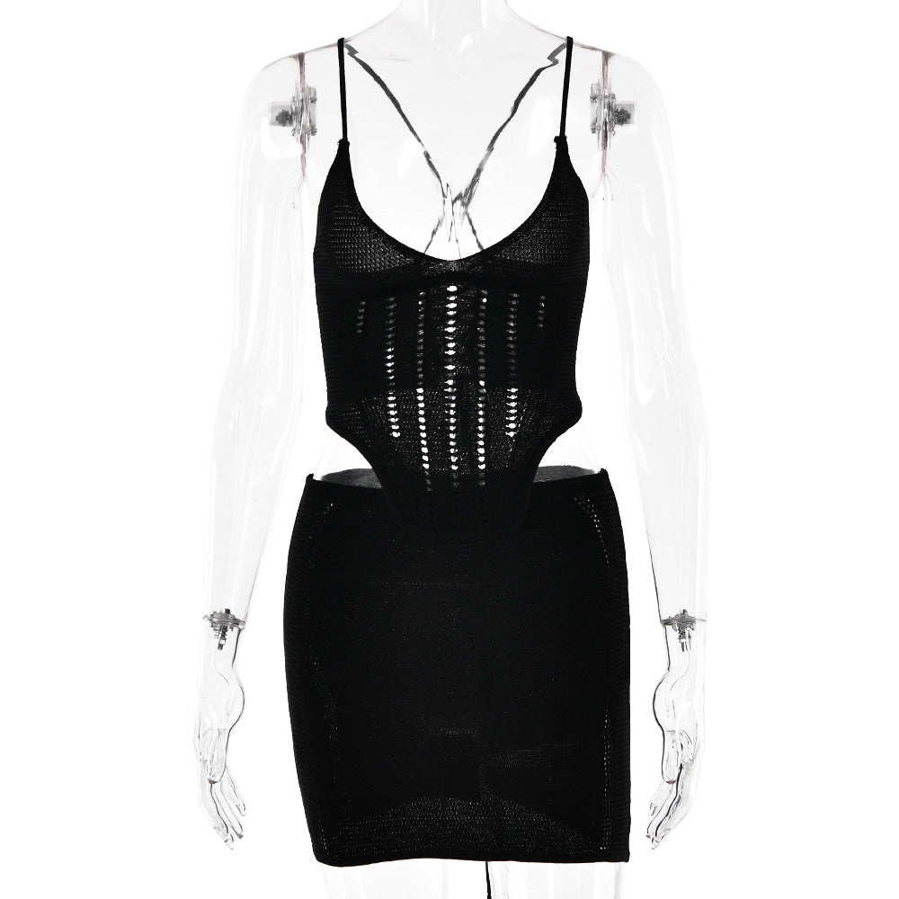 2025 New popular summer hot-selling new two-piece set sexy fashion suspender backless skirt knitted suit