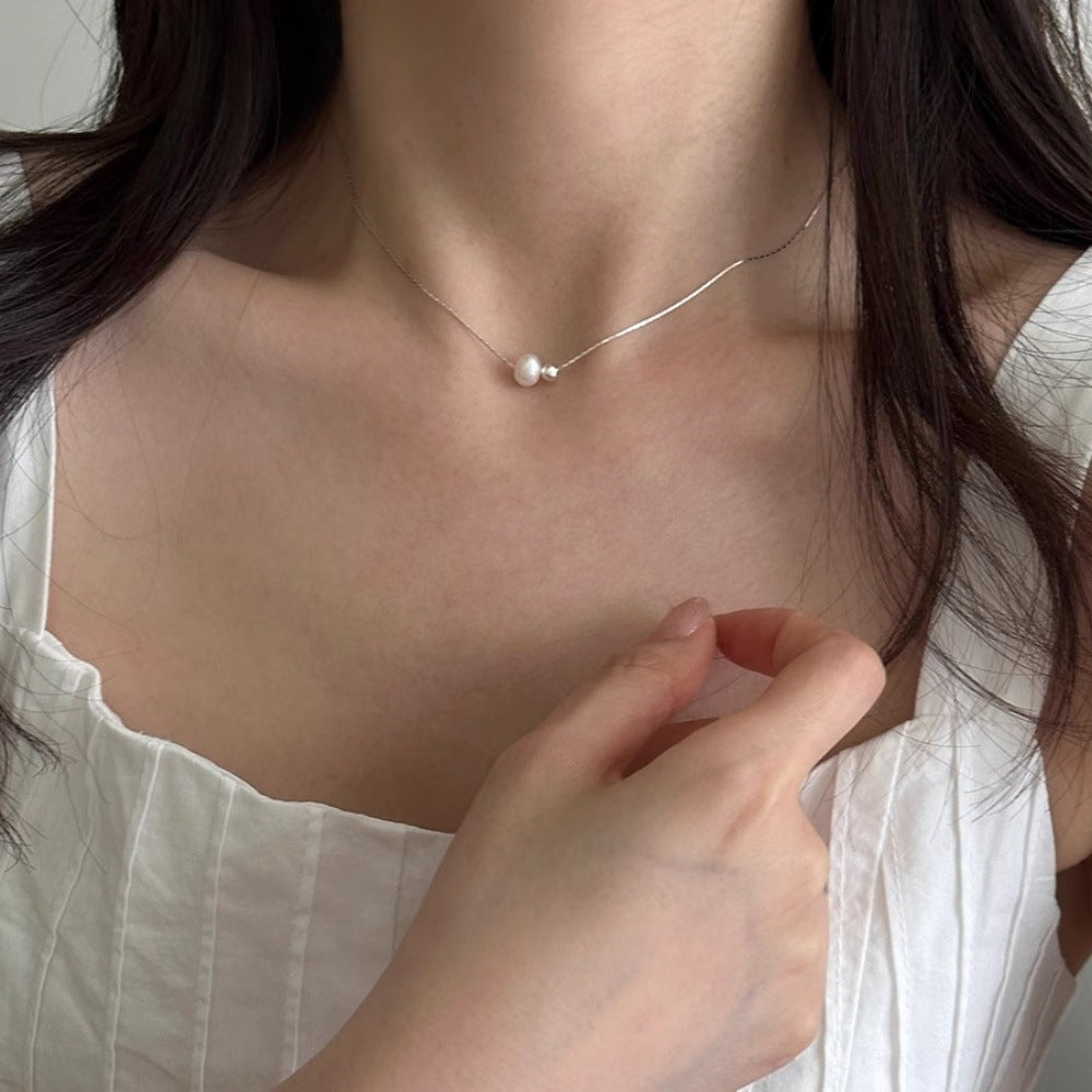 S925 Sterling Silver Natural Freshwater Pearl Pod Necklace Women's Simple Niche Temperament Exquisite Clavicle Chain Entry Lux Elegant