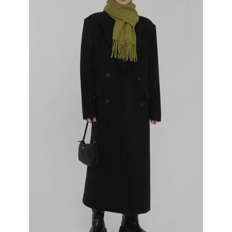 Spot black woolen coat women's popular autumn and winter classic Korean version thickened temperament long woolen coat women's clothing