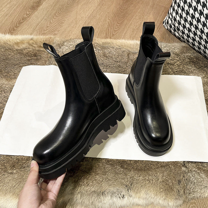 2025 Cowhide version~ New velvet platform short boots medium tube Chelsea boots versatile inner height increase casual Martin boots children