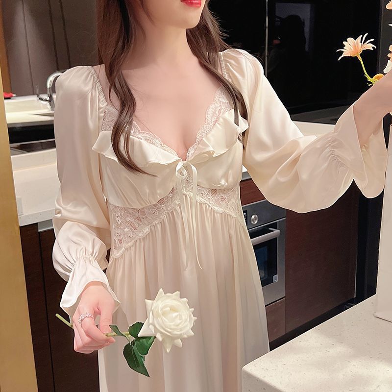 2025 Spring and Autumn Very Fairy Pajamas Women's Sweet Ice Ribbon Chest Pad Lace Sexy Princess Style Pajamas Long Sleeve Loungewear