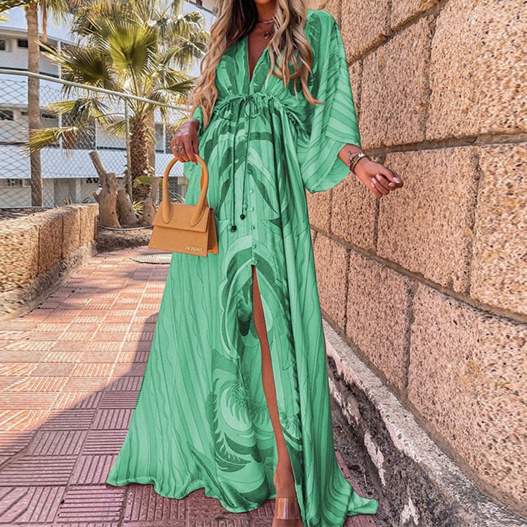 Hot Trade European and American Women's Clothing 2024 Summer New Fashion Printing Loose Lace-up Elegant Big Hem Dress