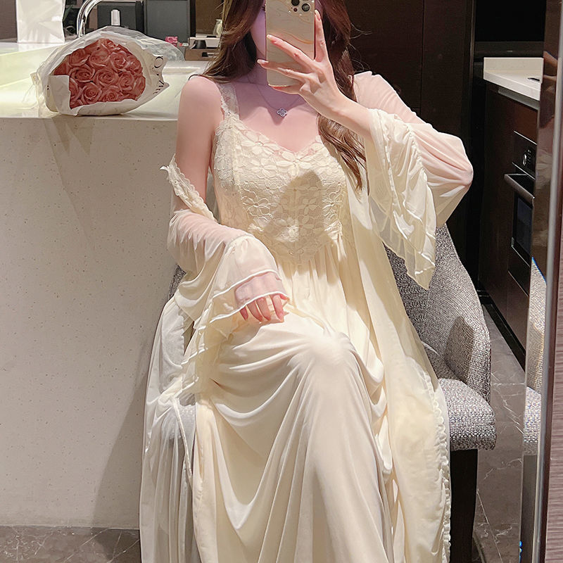 2025 High sense Internet celebrity wind suspender nightgown autumn pure desire wind nightgown mesh sexy two-piece set sexy pajamas female summer