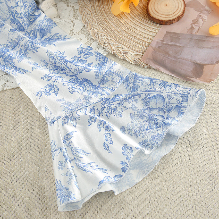 VAKKV 2025 Popular trade pajamas spring long-sleeved ruffle edge pajamas new Chinese-style printed fashion women's loungewear