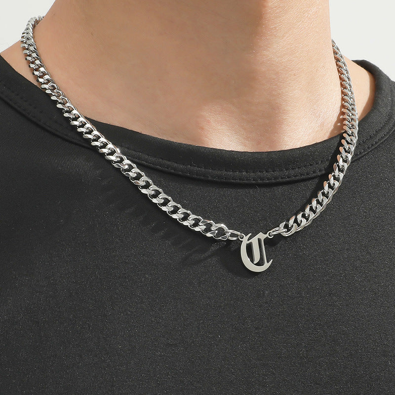 Cross-Border Hot Selling Stainless Steel English Letter Pendant Necklace Ins Cuban Necklace Hip Hop Street Trend New Product