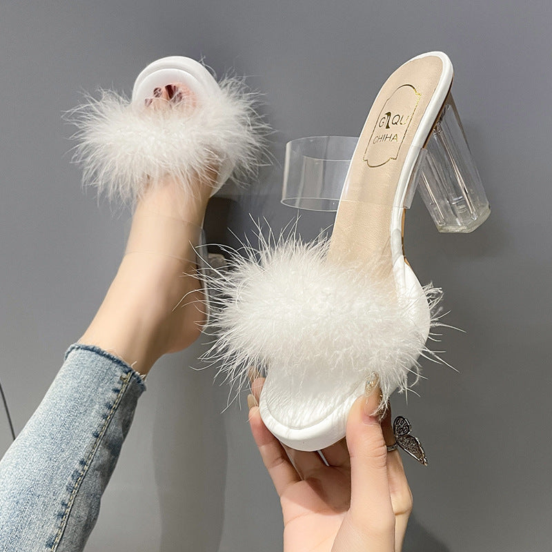 Fashion Fur Hyoma Women's Spring and Summer New Open Toe Square Toe Stiletto Heel Internet-Famous Outdoors High Heel Semi-Slipper Women