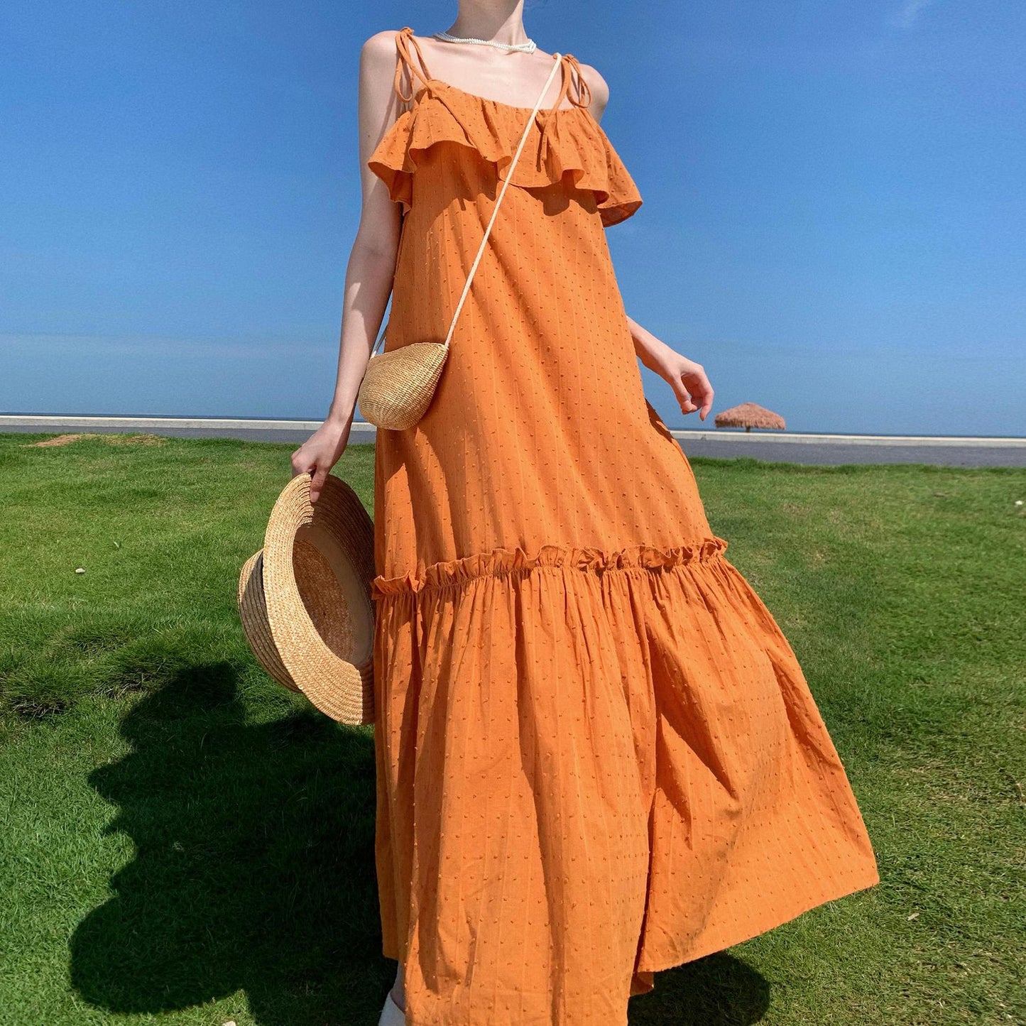 2025 fungus edge suspender dress summer Sanya travel seaside vacation temperament loose orange beach dress