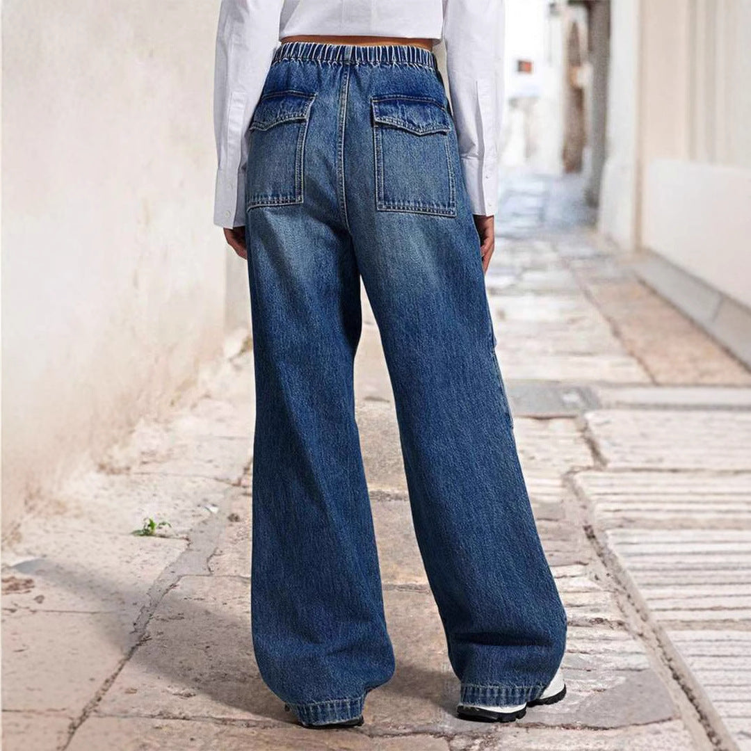 VAKKV 2025 spring new 2025 cross-border mid-waist wide-leg pleated loose jeans women's street retro straight-leg pants