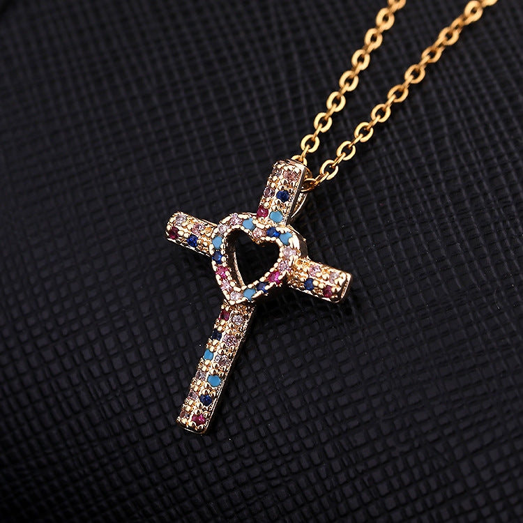INS Vintage Gold Cross Necklace Personalized Pendant Zircon European and American Style Necklace Special-Interest Design Titanium Steel Clavicle Chain