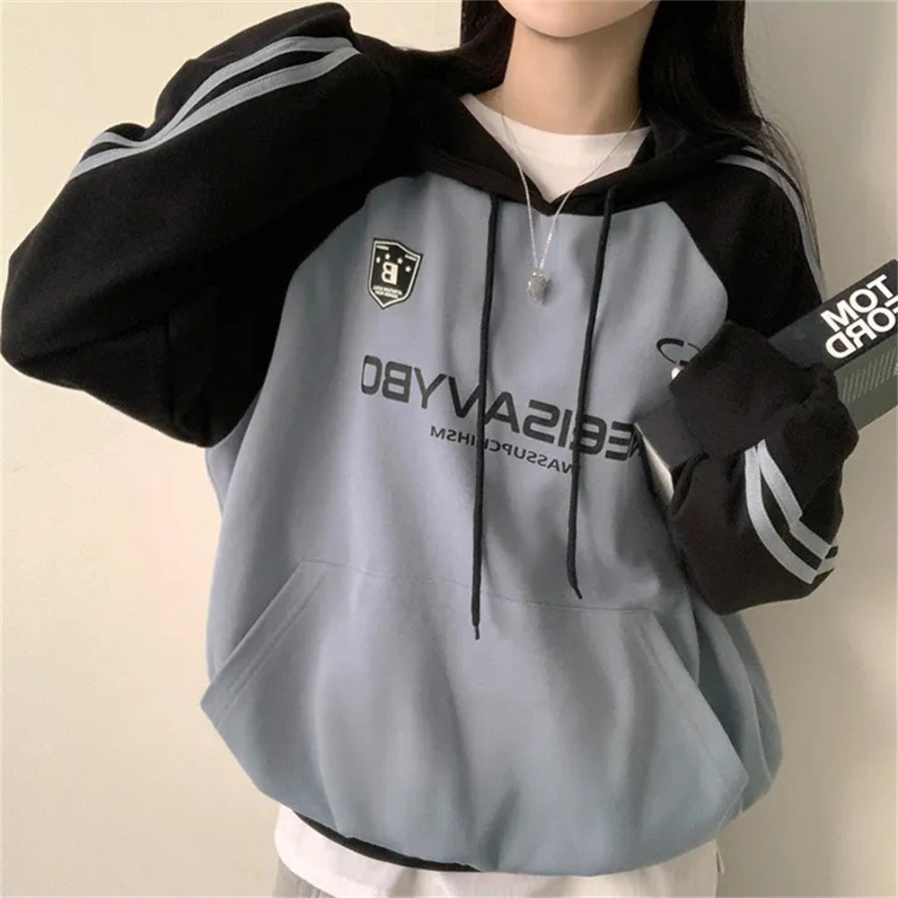 VAKKV Manufacturer 2025n retro Korean version hooded sweater jacket women's spring and autumn oversize thin splicing velvet top