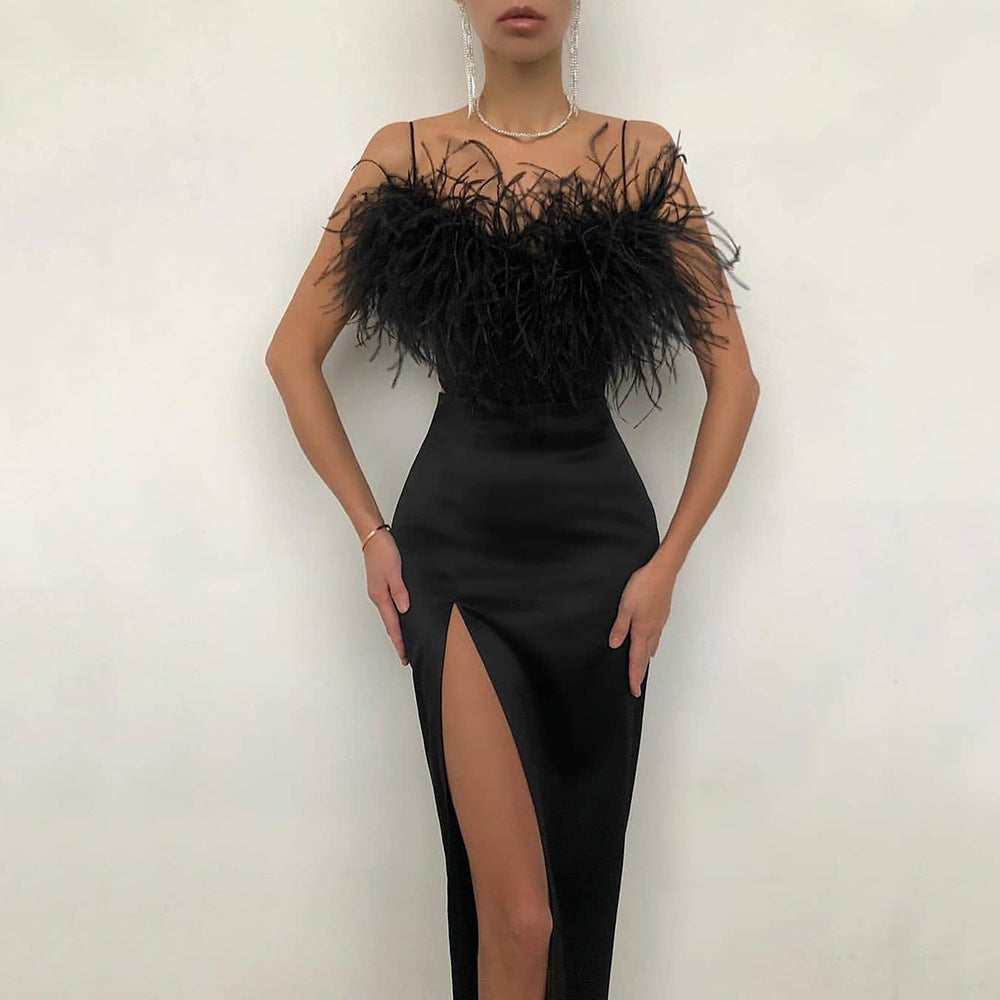2025 New new spring and summer 2025 women's clothing suspender feather dress banquet slim temperament slim arm dress