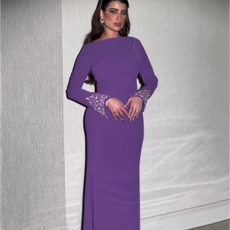 VAKKV Cross-Border European and American Autumn New Solid Color Long Sleeve Dress Handmade Rhinestone Temperament Long Dress