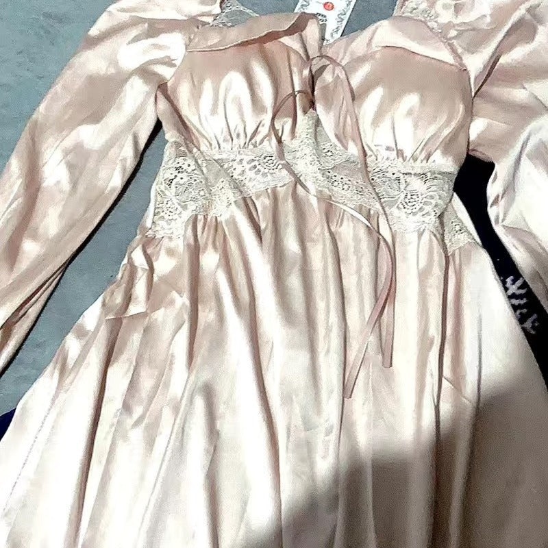 2025 spring and summer pure desire new retro pajamas homewear women's ice silk long-sleeved long skirt nightdress court style machine skirt