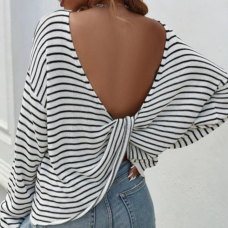Popular trade knitted sweater women's striped long-sleeved sexy backless cross sweater women's top