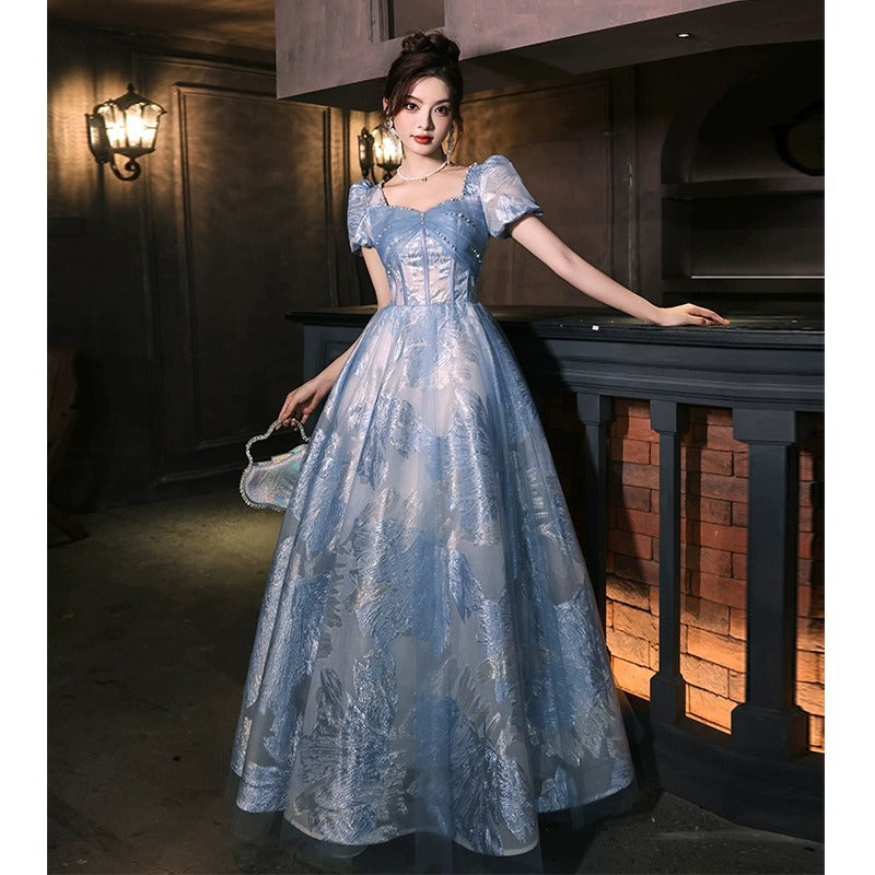 Blue banquet evening dress 2024 new French luxury niche high-end temperament adult ceremony senior sense host