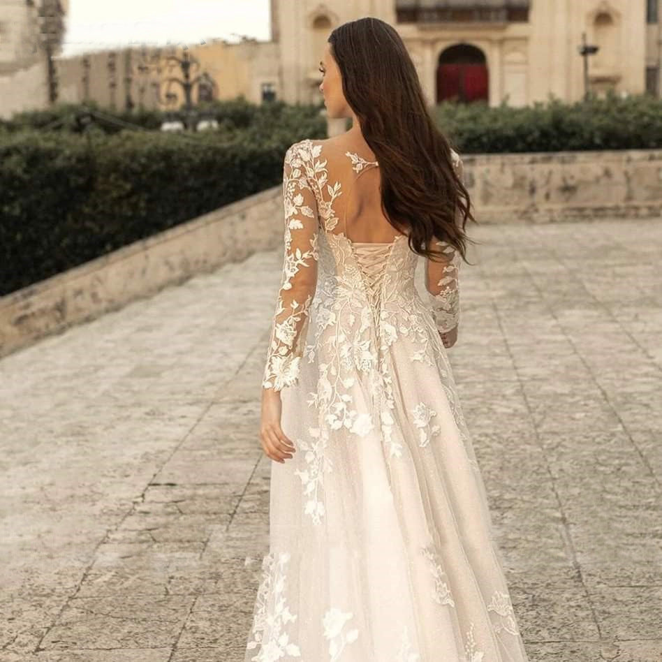 Deep V-neck Backless Wedding Dress Long Sleeve Cross-Border Summer New Style Trailing Slimming Slim Fit Sexy Minimalist Trip Shoot