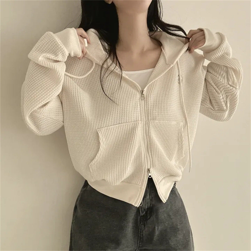 VAKKV Manufacturer Small loose zipper cardigan jacket Large size clothes Korean version hooded thin waffle sweater women