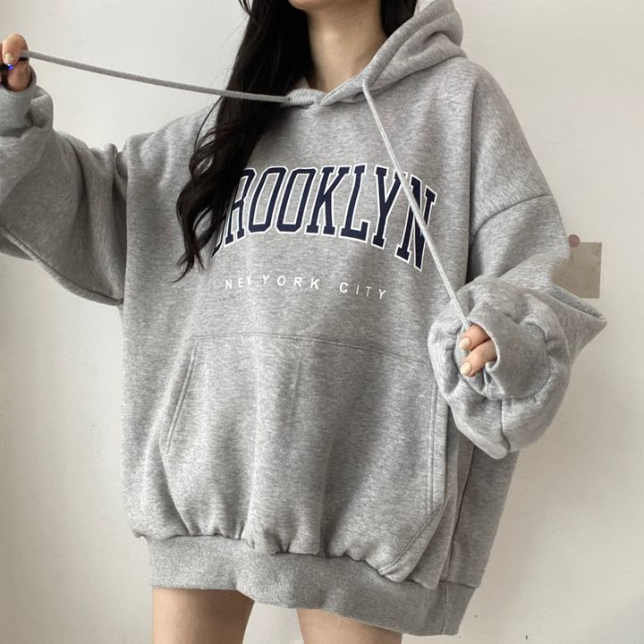 VAKKV Manufacturer tide brand Korean version letter hooded loose spring autumn and winter sweater women's medium and long velvet Japanese solid color lazy thin