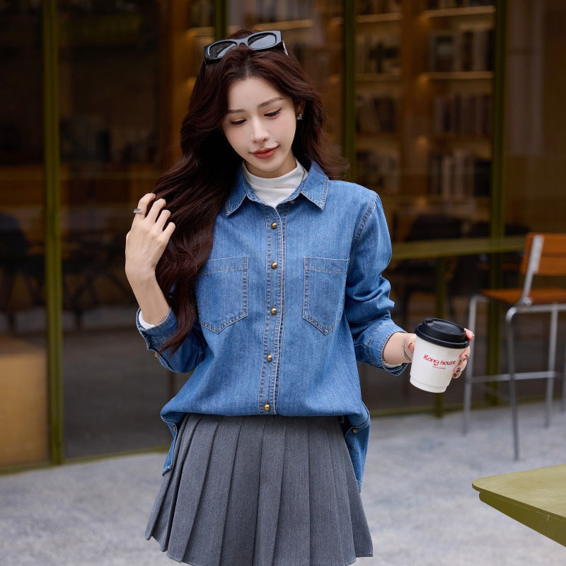 Retro Hong Kong style front shoulder denim shirt 2025 spring new design sense small long sleeve shirt stacked top