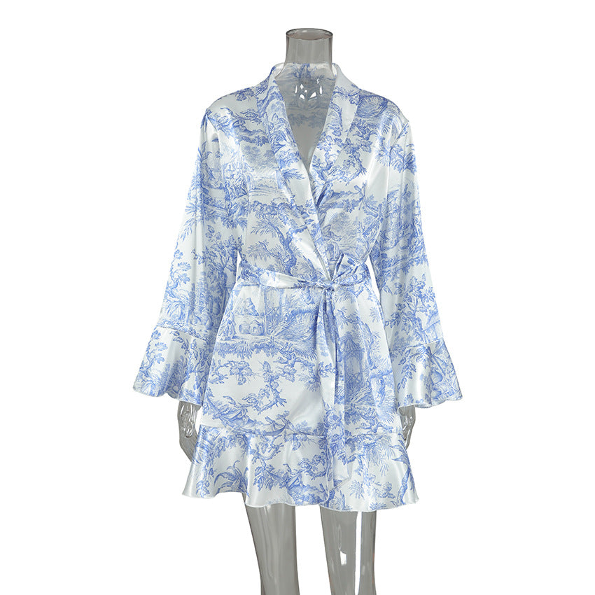 VAKKV 2025 Popular trade pajamas spring long-sleeved ruffle edge pajamas new Chinese-style printed fashion women's loungewear