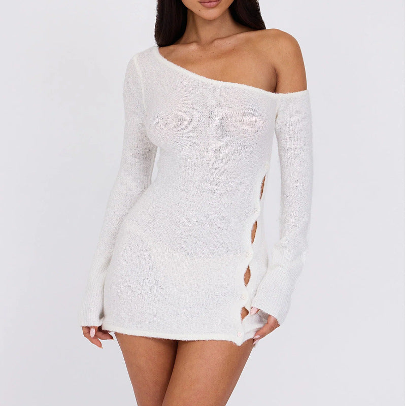 New women's clothing spring new product pure desire Spice girl wind slanted shoulder long sleeve sexy perspective hollow dress