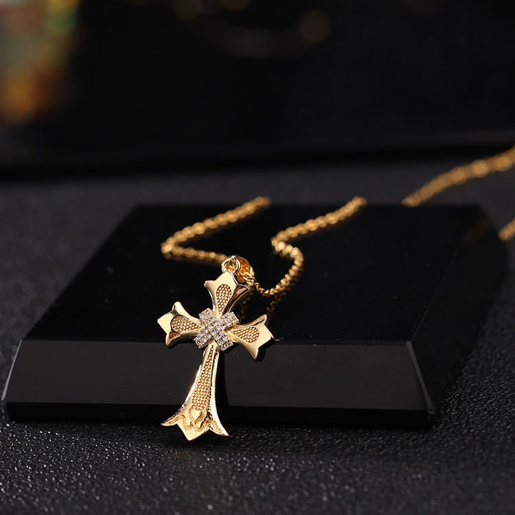 INS Vintage Gold Cross Necklace Personalized Pendant Zircon European and American Style Necklace Special-Interest Design Titanium Steel Clavicle Chain
