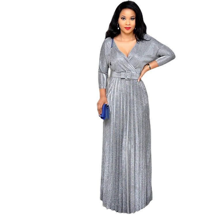 2025 spring New Popularan, 2025n and African women's fashion long-sleeved bronzing pleated pendulum skirt with belt bright pink dress