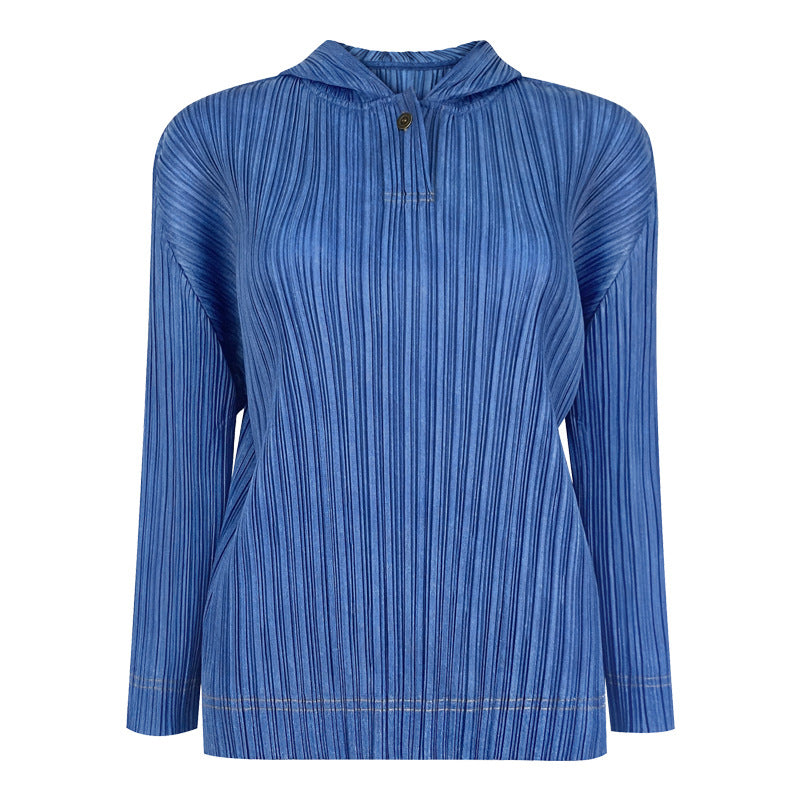 spring new solid color basic pleated t-shirt long-sleeved casual top design sense Korean version hooded sweater women