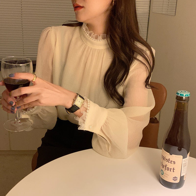 2025 elegant delicate pearl lace semi-turtleneck thin micro-transparent bubble sleeve top