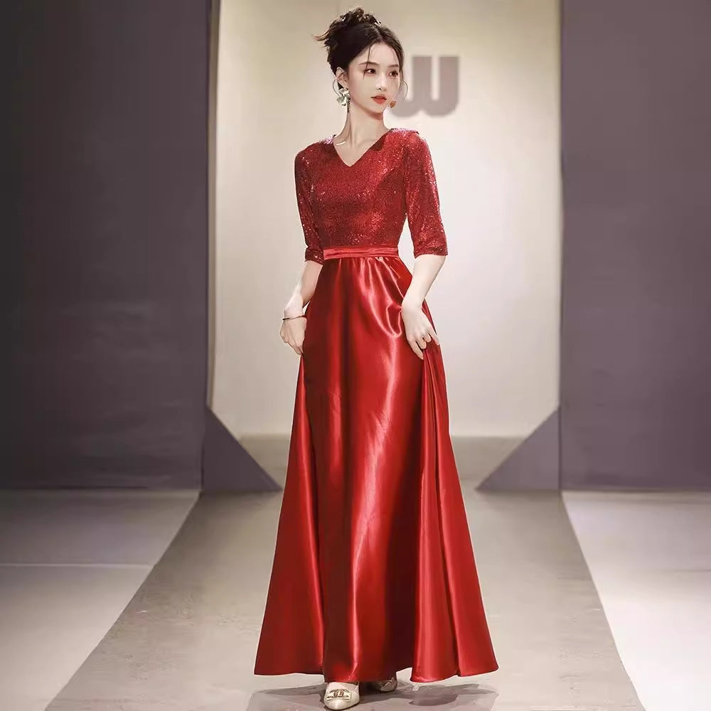 VAKKV Red Choir Long Dress Performance Costume Evening Dress Half Sleeve Adult Host Stage Competition Red Song Performance Costume