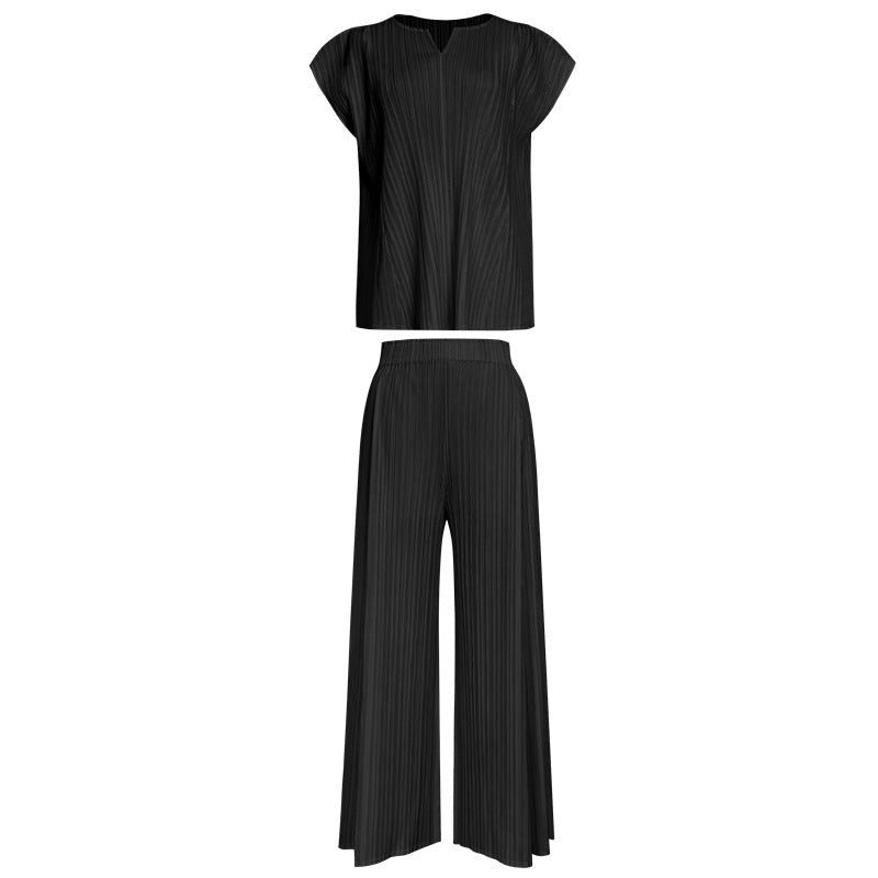 new summer women's clothing V-neck top fashion loose and thin wide-leg pants fashion suit casual two-piece set