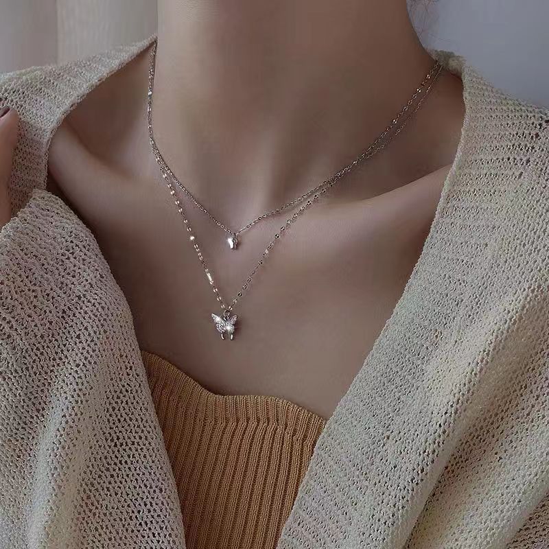 S925 Silver Light Luxury Necklace Versatile Trendy Clavicle Chain Female Butterfly Simple Niche High Sense Elegant Sweater Chain Ornament