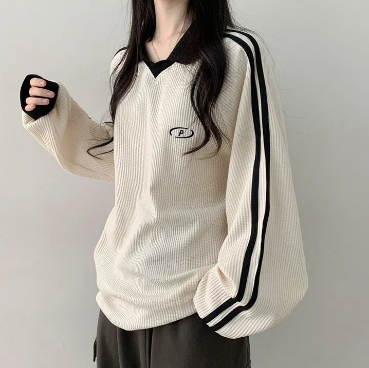 VAKKV Manufacturer 3 colors, waffle Korean version polo collar retro thin velvet sweater women's new spring, autumn and winter popular