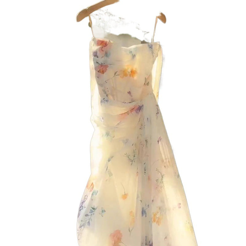 French retro floral slip dress women's spring 2024 new slim and thin design sweet and spicy long skirt