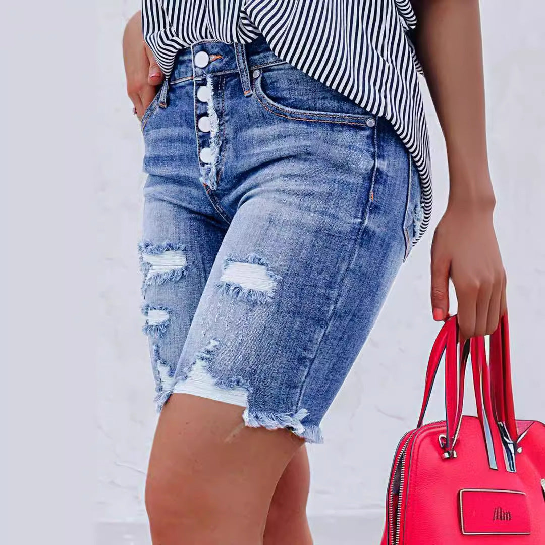 VAKKV popular New Popular trade slim-fit breasted denim shorts women's street ripped rough edge leggings