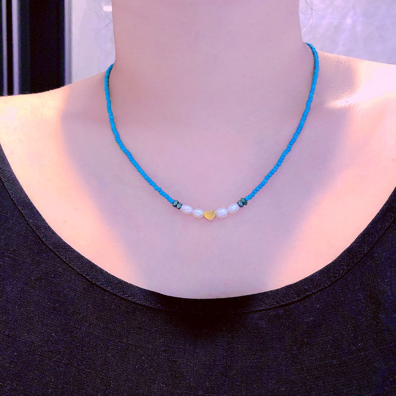 Cross-Border European and American Twin Natural Shell Pearl Necklace Diamond Turquoise Titanium Steel Pendant Color Necklace Female Accessories