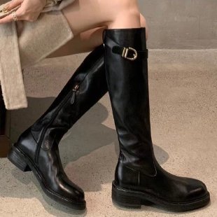 2025 Thick-soled Round Head Folded Skinny Thick Heel Knight Boots Women's British Boots High Boots Boots