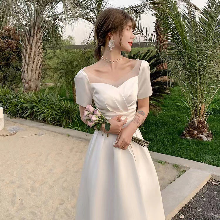 VSKKV Satin Wedding Dress New Elegant Light Wedding Dress Simple Trip Shoot White Wedding Dress Daily Style Women
