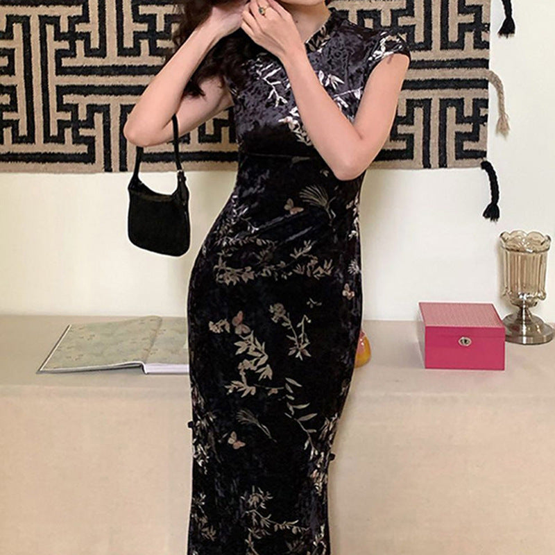 VAKKV 2025 PC058 New Midie Fragrance Early Spring New Chinese Velvet Cheongsam Dress Slim Fit Hip Wrap Long Dress Women